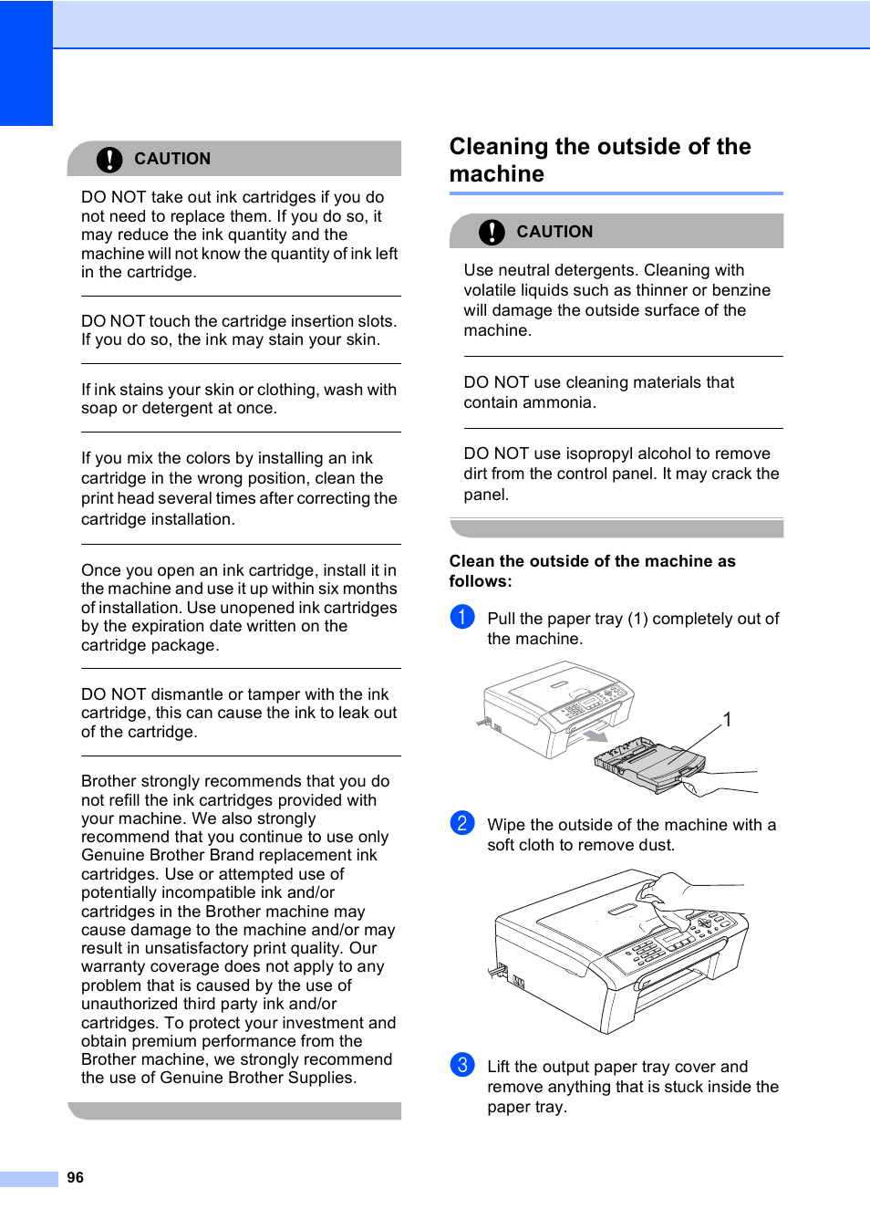 Cleaning the outside of the machine, Caution, Do not use cleaning materials that contain ammonia | Clean the outside of the machine as follows | Brother MFC-230C User Manual | Page 112 / 148