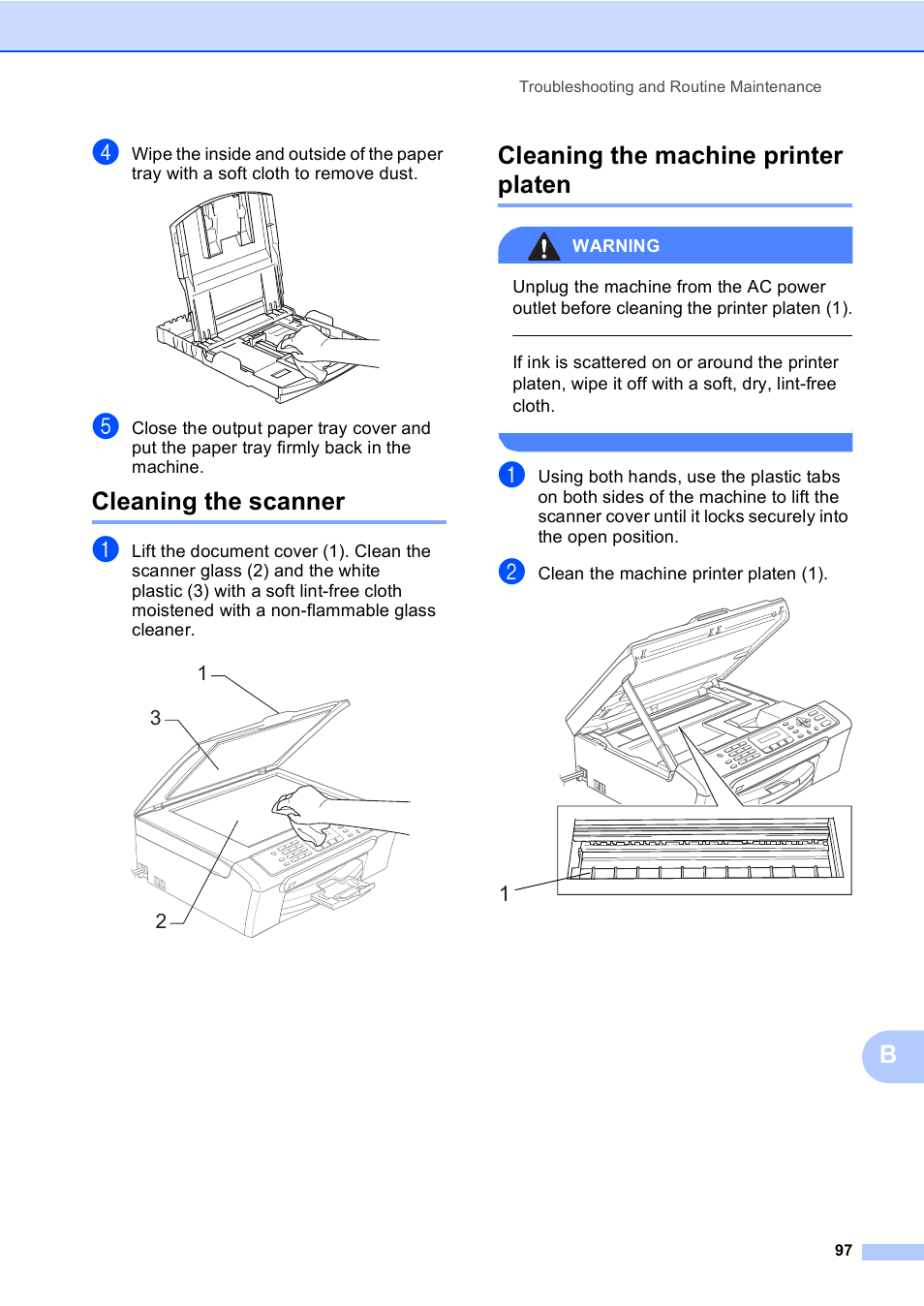 Cleaning the scanner, Cleaning the machine printer platen | Brother MFC-230C User Manual | Page 113 / 148