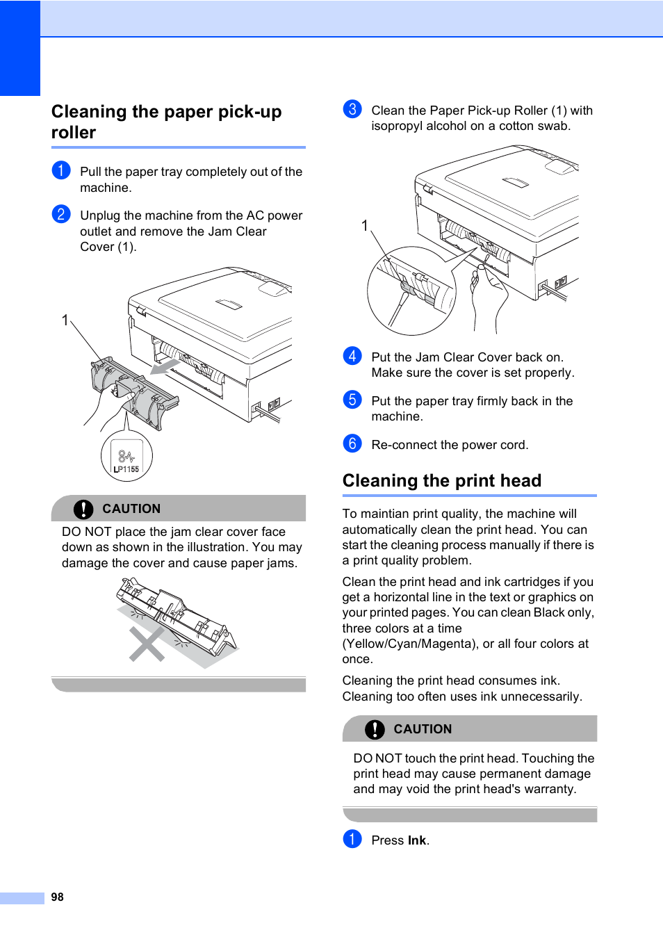 Cleaning the paper pick-up roller, Cleaning the print head | Brother MFC-230C User Manual | Page 114 / 148