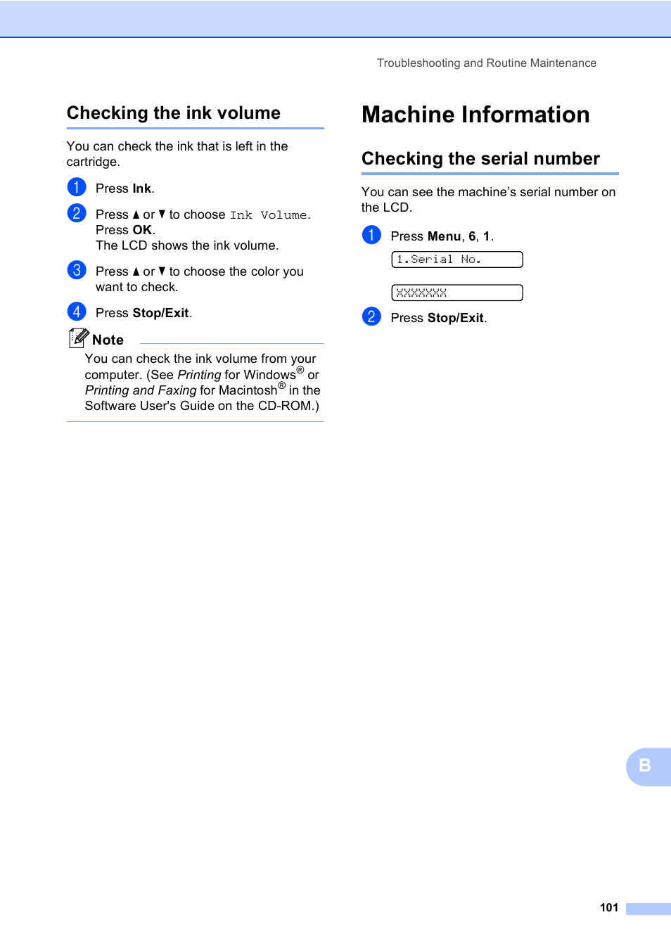 Checking the ink volume, Machine information, Checking the serial number | Bchecking the ink volume | Brother MFC-230C User Manual | Page 117 / 148