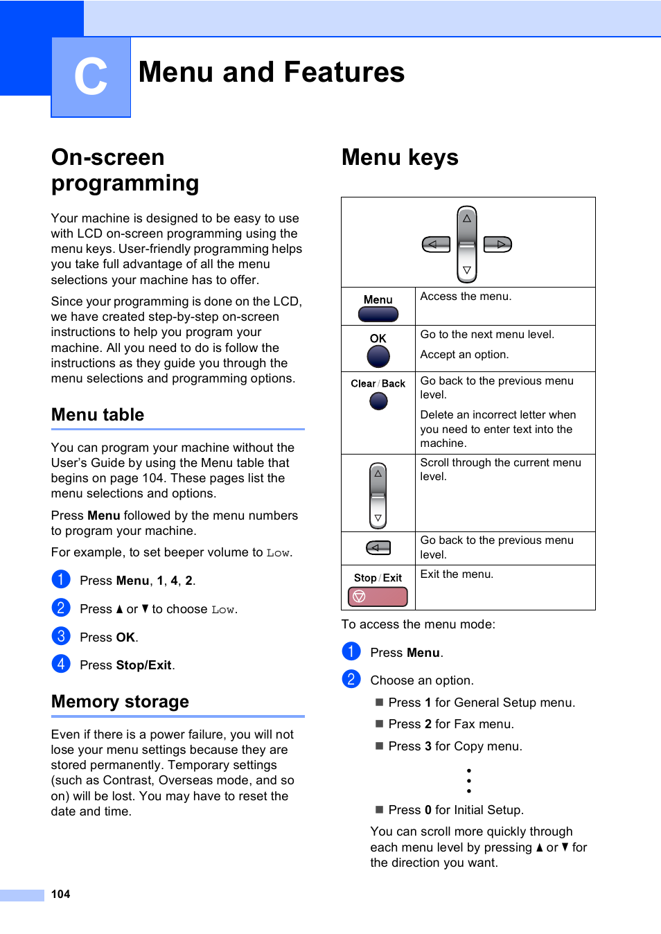 C menu and features, On-screen programming, Menu table | Memory storage, Menu keys, Menu and features, Menu table memory storage | Brother MFC-230C User Manual | Page 120 / 148