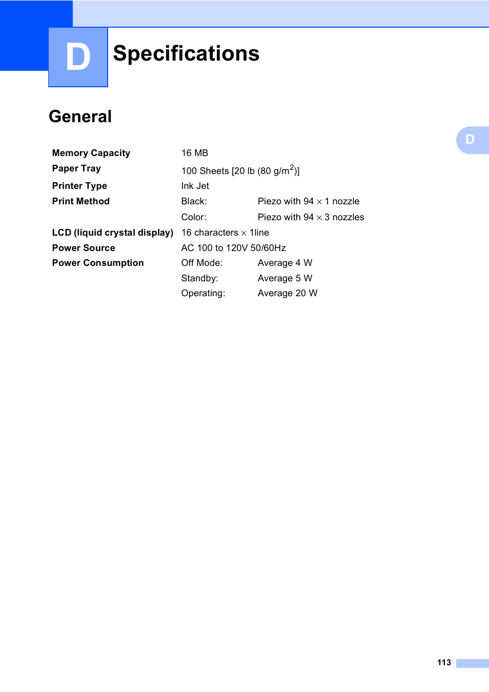 D specifications, General, Specifications | Brother MFC-230C User Manual | Page 129 / 148