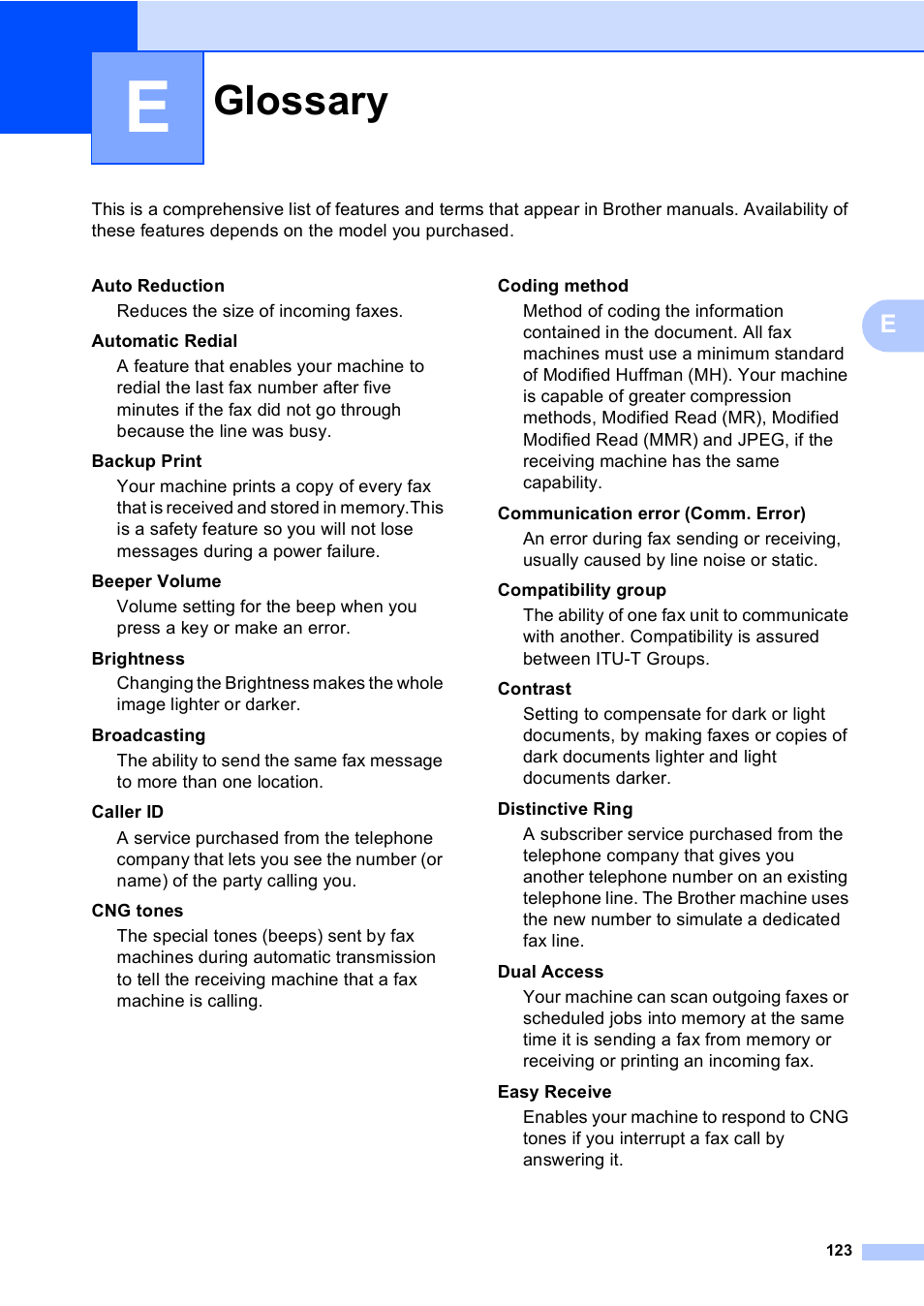 E glossary, Glossary | Brother MFC-230C User Manual | Page 139 / 148