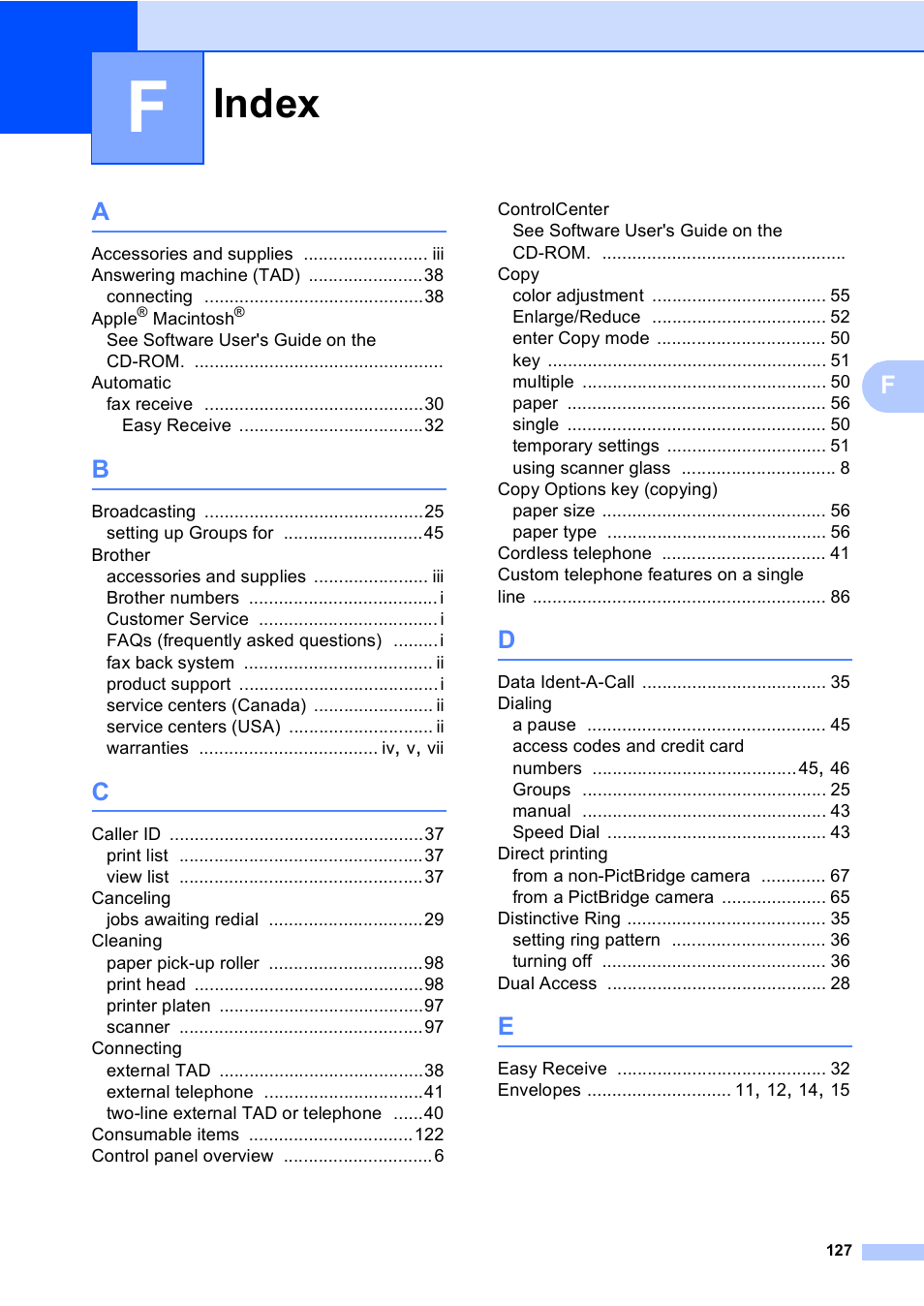 F index, Index | Brother MFC-230C User Manual | Page 143 / 148