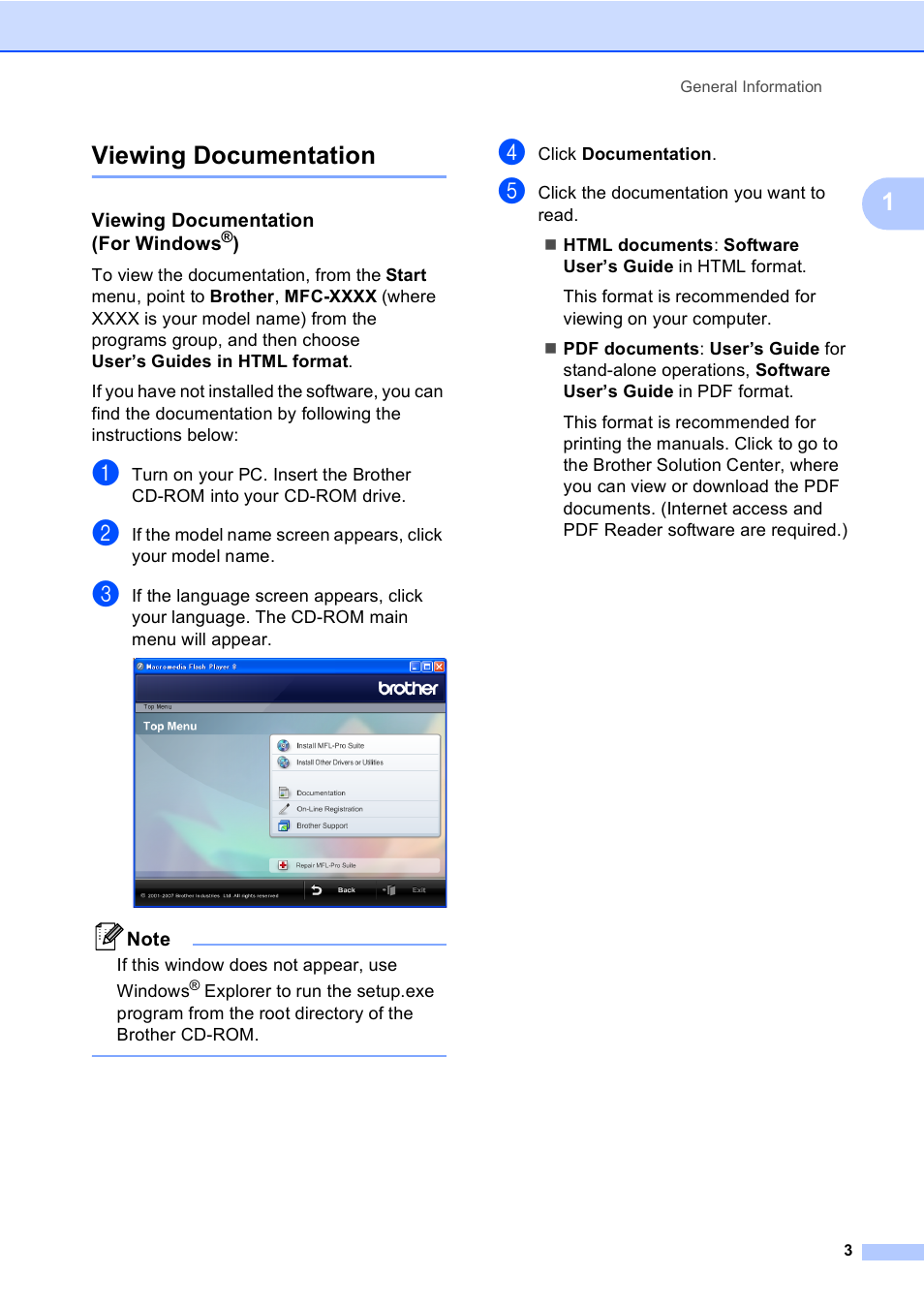 Viewing documentation, Viewing documentation (for windows®), 1viewing documentation | Brother MFC-230C User Manual | Page 19 / 148