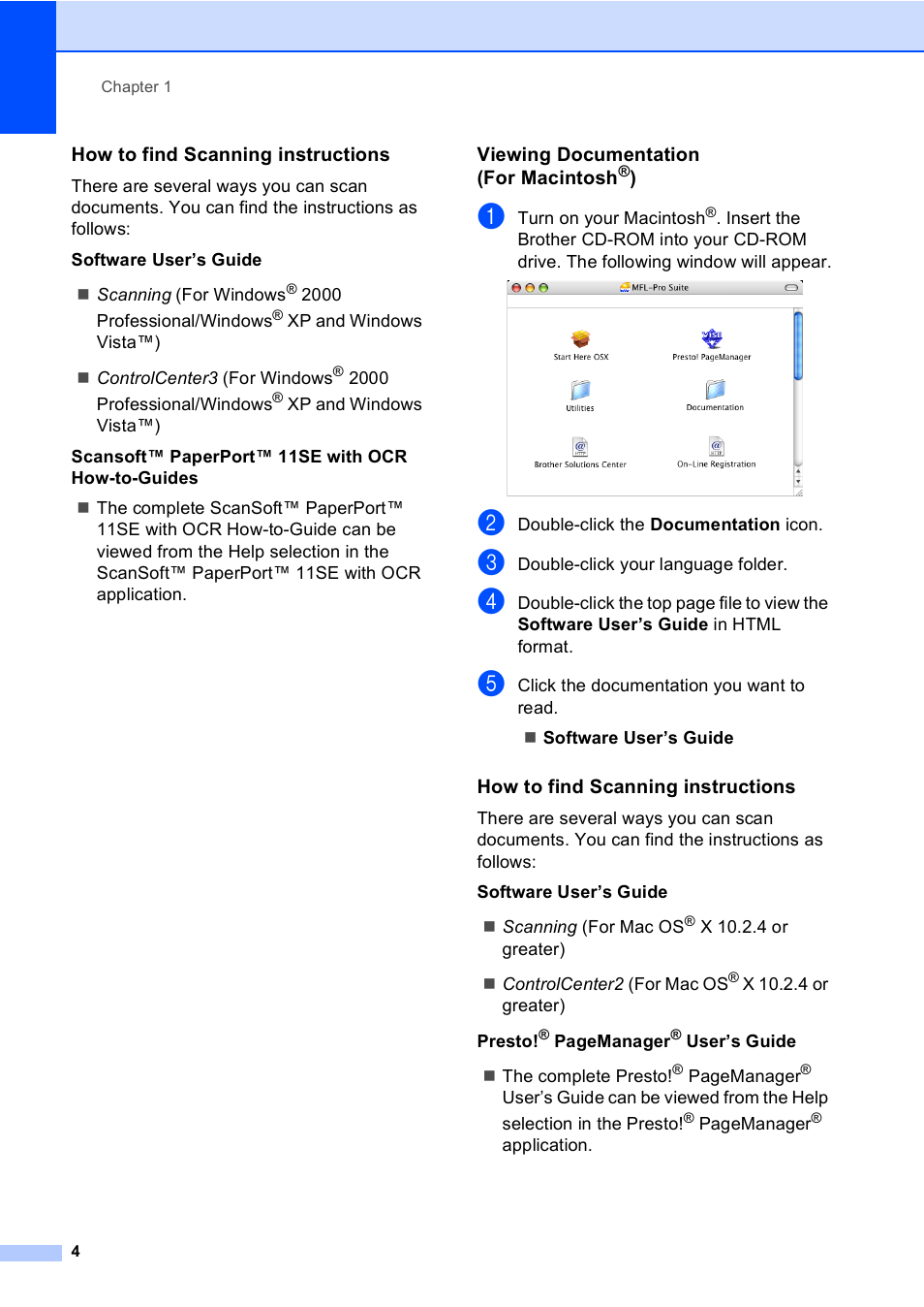 How to find scanning instructions, Viewing documentation (for macintosh®) | Brother MFC-230C User Manual | Page 20 / 148