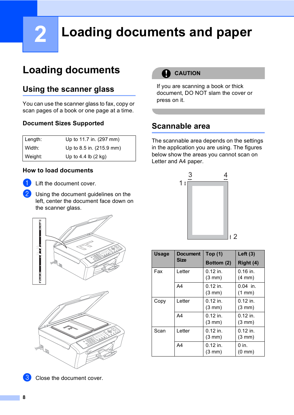 2 loading documents and paper, Loading documents, Using the scanner glass | Document sizes supported, How to load documents, Scannable area, Loading documents and paper, Using the scanner glass scannable area | Brother MFC-230C User Manual | Page 24 / 148