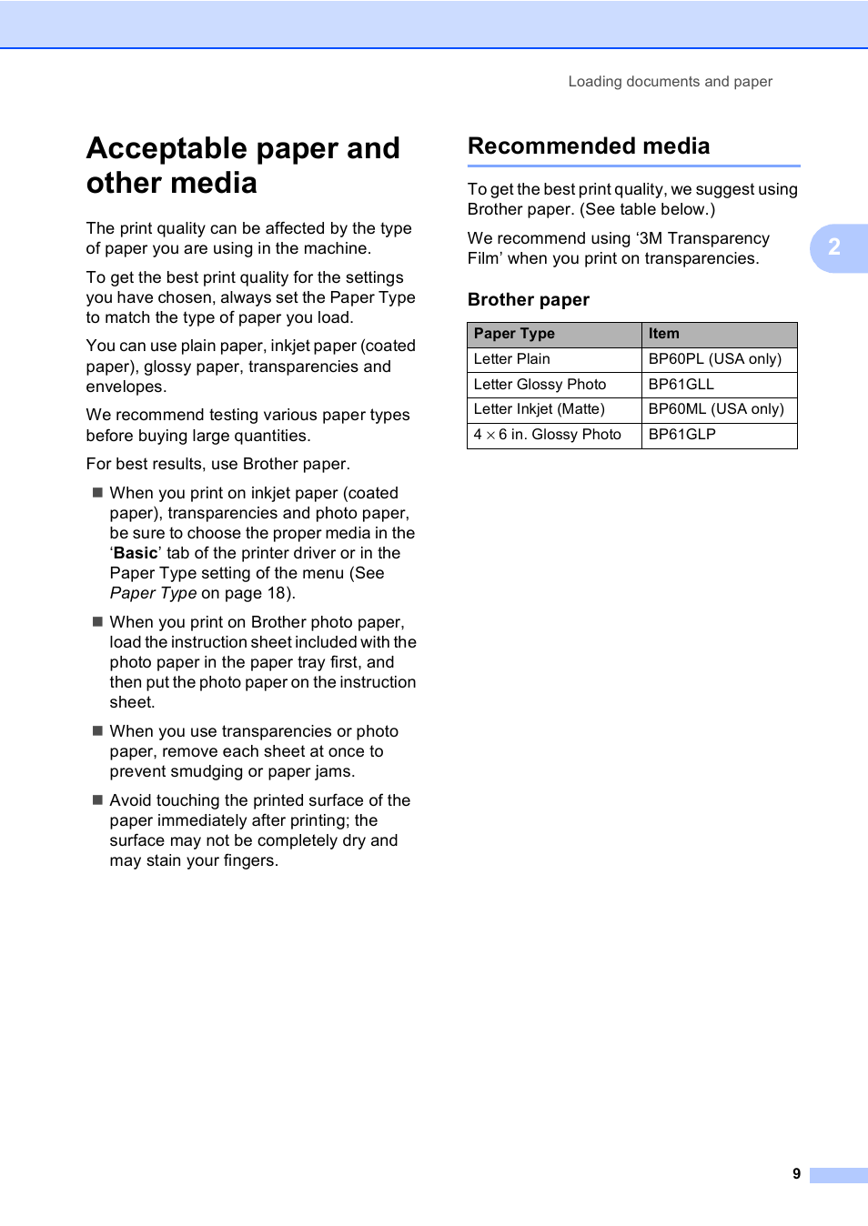 Acceptable paper and other media, Recommended media | Brother MFC-230C User Manual | Page 25 / 148