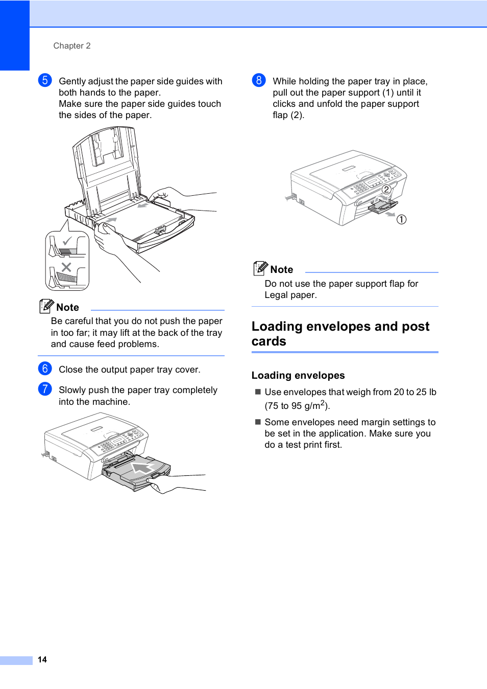 Loading envelopes and post cards, Loading envelopes | Brother MFC-230C User Manual | Page 30 / 148