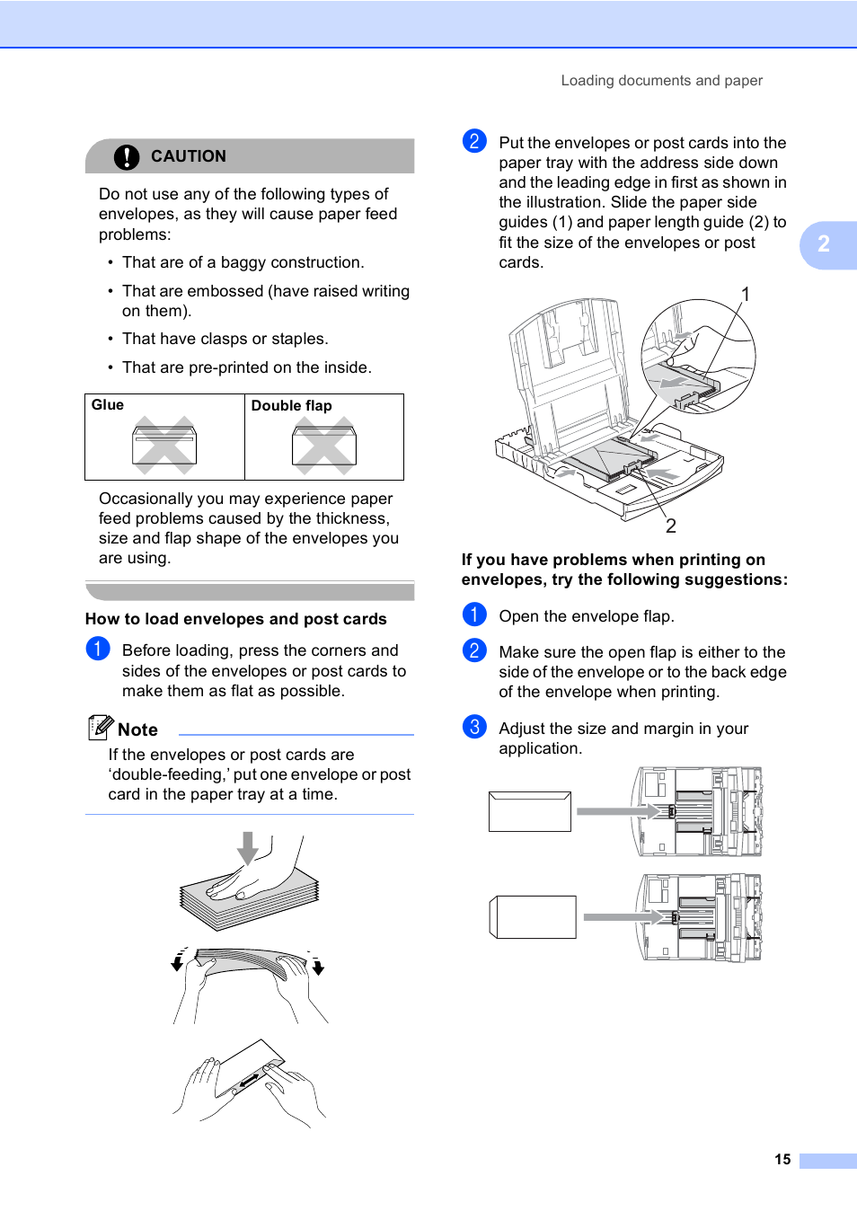 Caution, How to load envelopes and post cards, Open the envelope flap | Adjust the size and margin in your application | Brother MFC-230C User Manual | Page 31 / 148