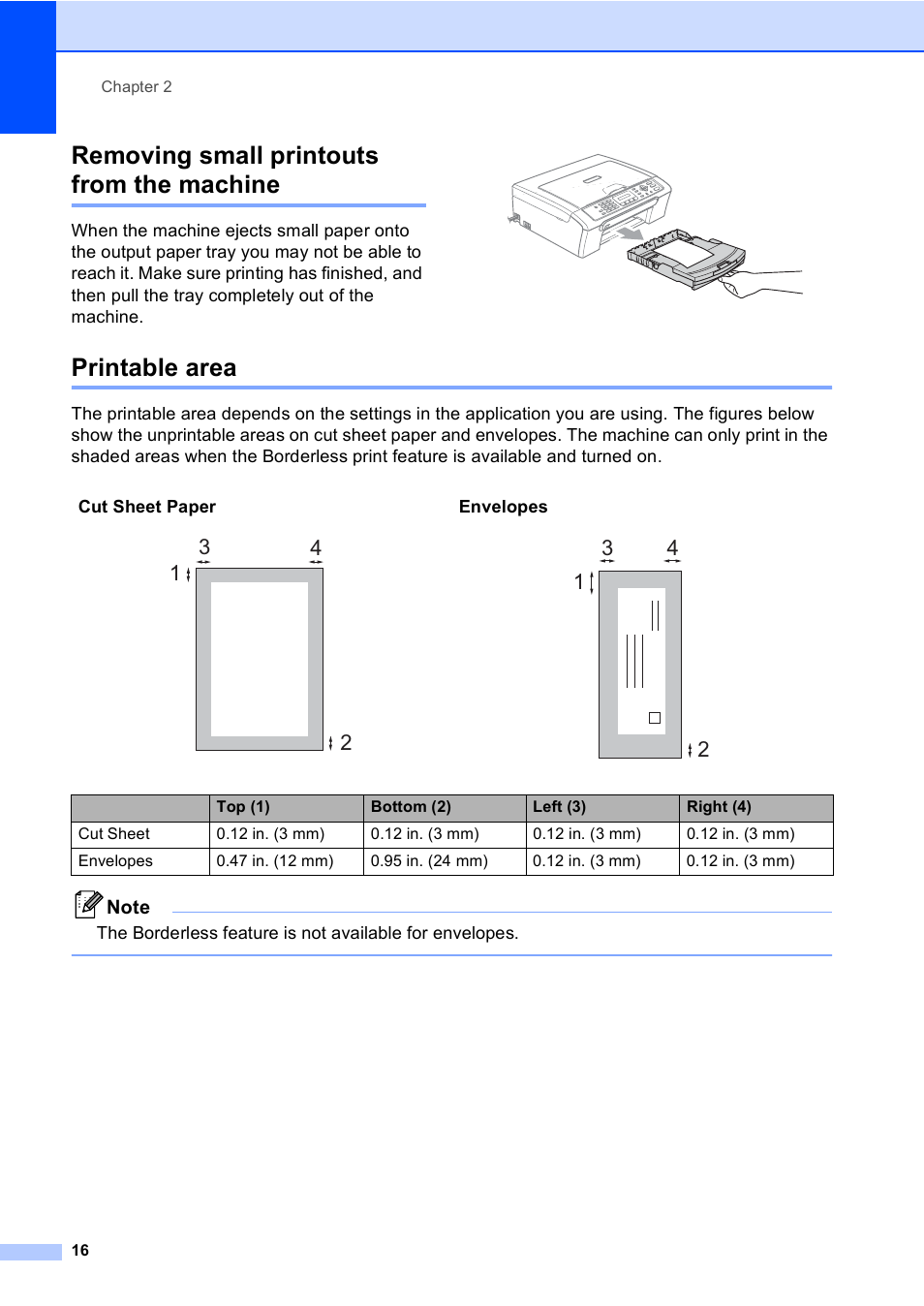 Removing small printouts from the machine, Printable area | Brother MFC-230C User Manual | Page 32 / 148