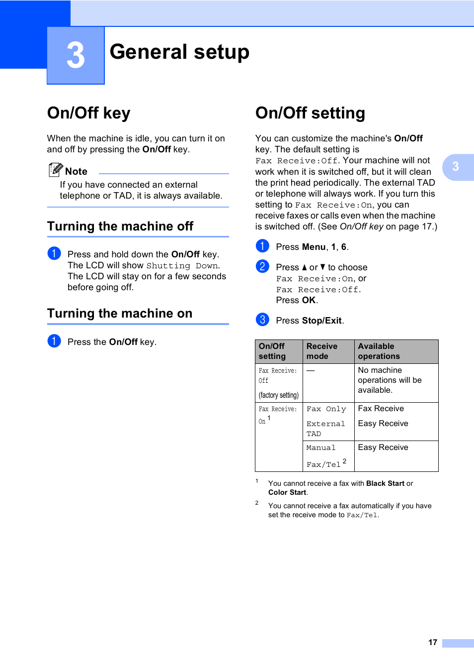 3 general setup, On/off key, Turning the machine off | Turning the machine on, On/off setting, General setup, Turning the machine off turning the machine on | Brother MFC-230C User Manual | Page 33 / 148