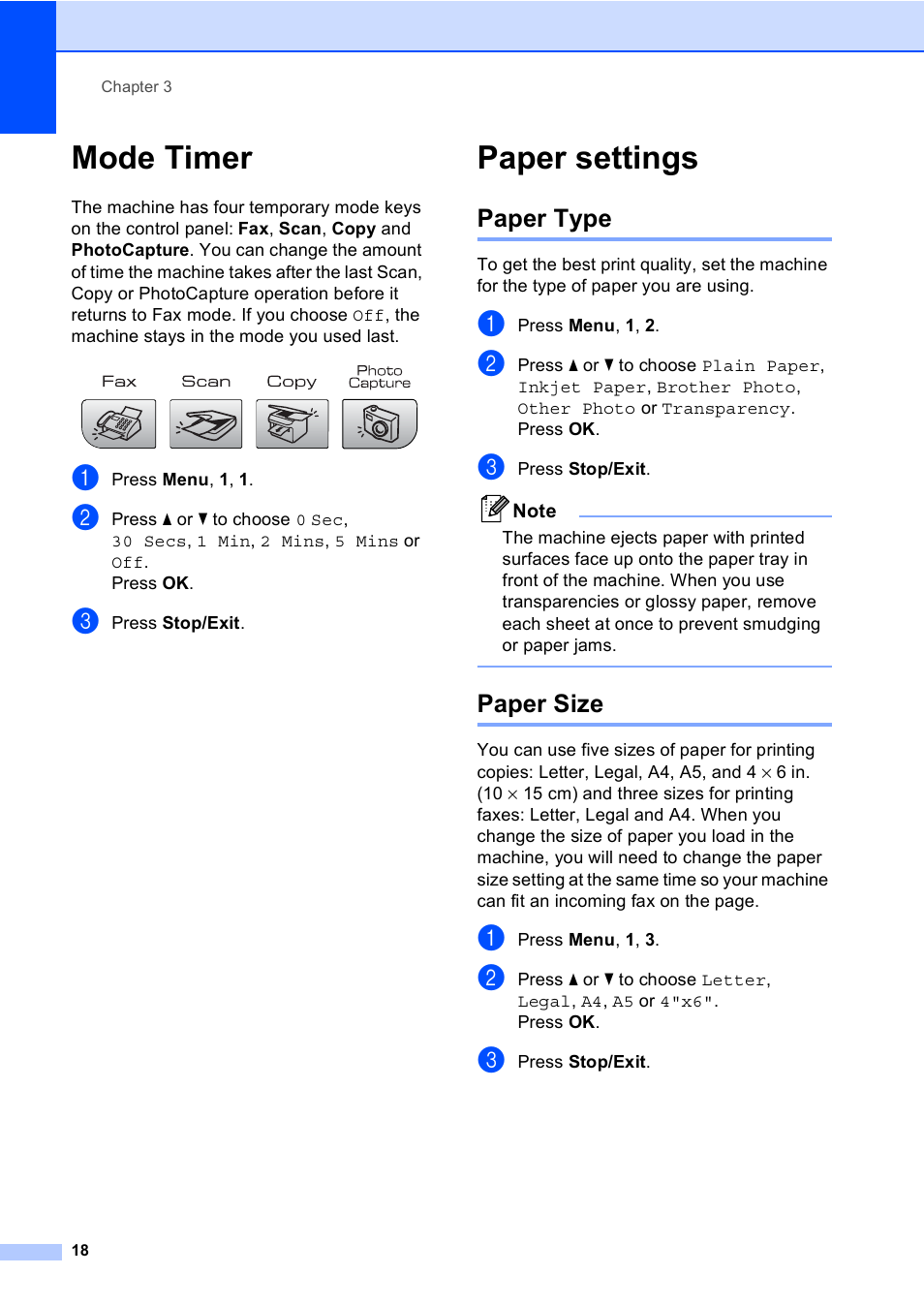 Mode timer, Paper settings, Paper type | Paper size, Mode timer paper settings, Paper type paper size | Brother MFC-230C User Manual | Page 34 / 148