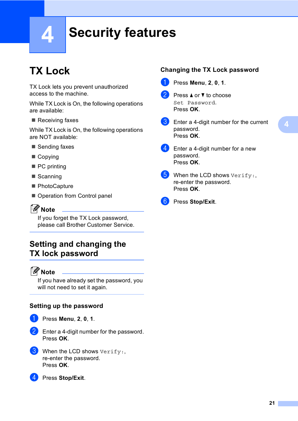 4 security features, Tx lock, Setting and changing the tx lock password | Setting up the password, Changing the tx lock password, Security features | Brother MFC-230C User Manual | Page 37 / 148