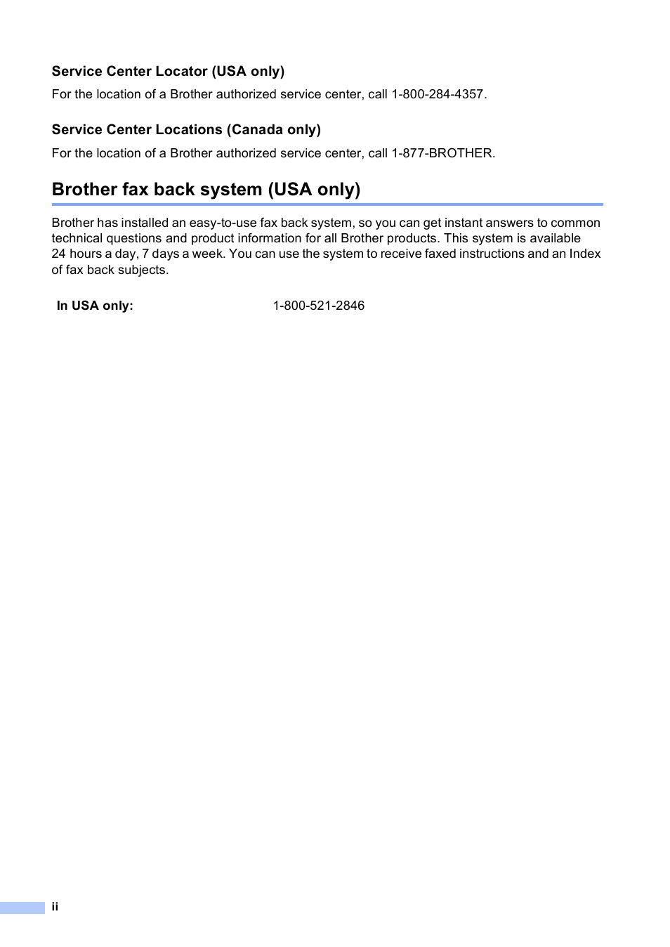 Brother fax back system (usa only) | Brother MFC-230C User Manual | Page 4 / 148