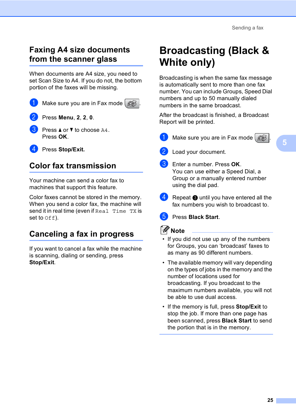 Faxing a4 size documents from the scanner glass, Color fax transmission, Canceling a fax in progress | Broadcasting (black & white only), 5faxing a4 size documents from the scanner glass | Brother MFC-230C User Manual | Page 41 / 148