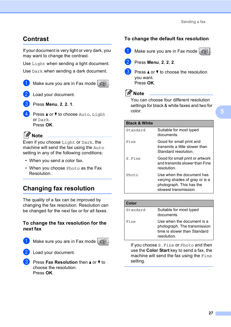 Contrast, Changing fax resolution, To change the fax resolution for the next fax | To change the default fax resolution, Contrast changing fax resolution, 5contrast | Brother MFC-230C User Manual | Page 43 / 148