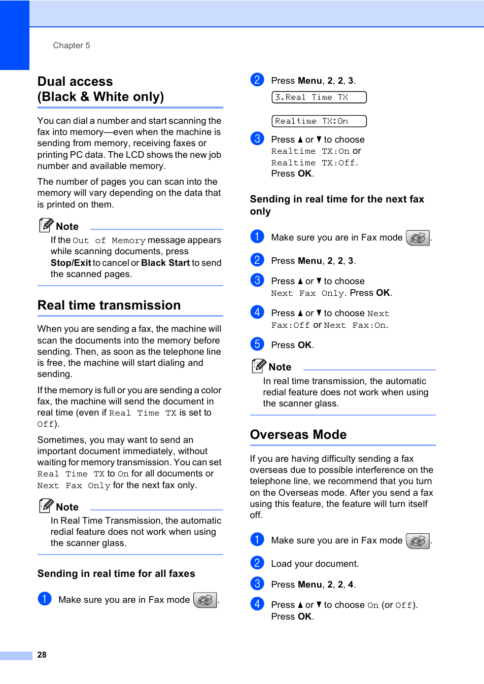 Dual access (black & white only), Real time transmission, Sending in real time for all faxes | Sending in real time for the next fax only, Overseas mode | Brother MFC-230C User Manual | Page 44 / 148