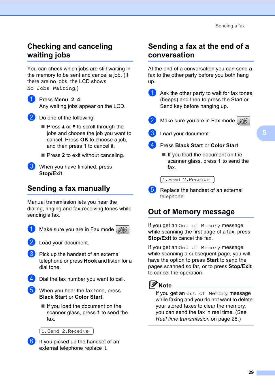 Checking and canceling waiting jobs, Sending a fax manually, Sending a fax at the end of a conversation | Out of memory message, 5checking and canceling waiting jobs | Brother MFC-230C User Manual | Page 45 / 148