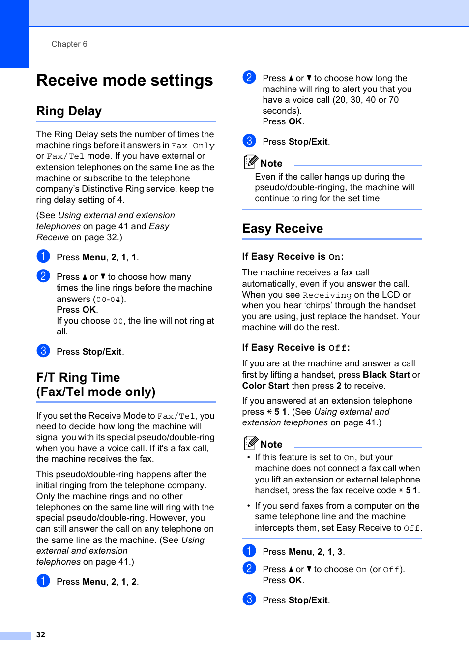 Receive mode settings, Ring delay, F/t ring time (fax/tel mode only) | Easy receive, If easy receive is on, If easy receive is off | Brother MFC-230C User Manual | Page 48 / 148