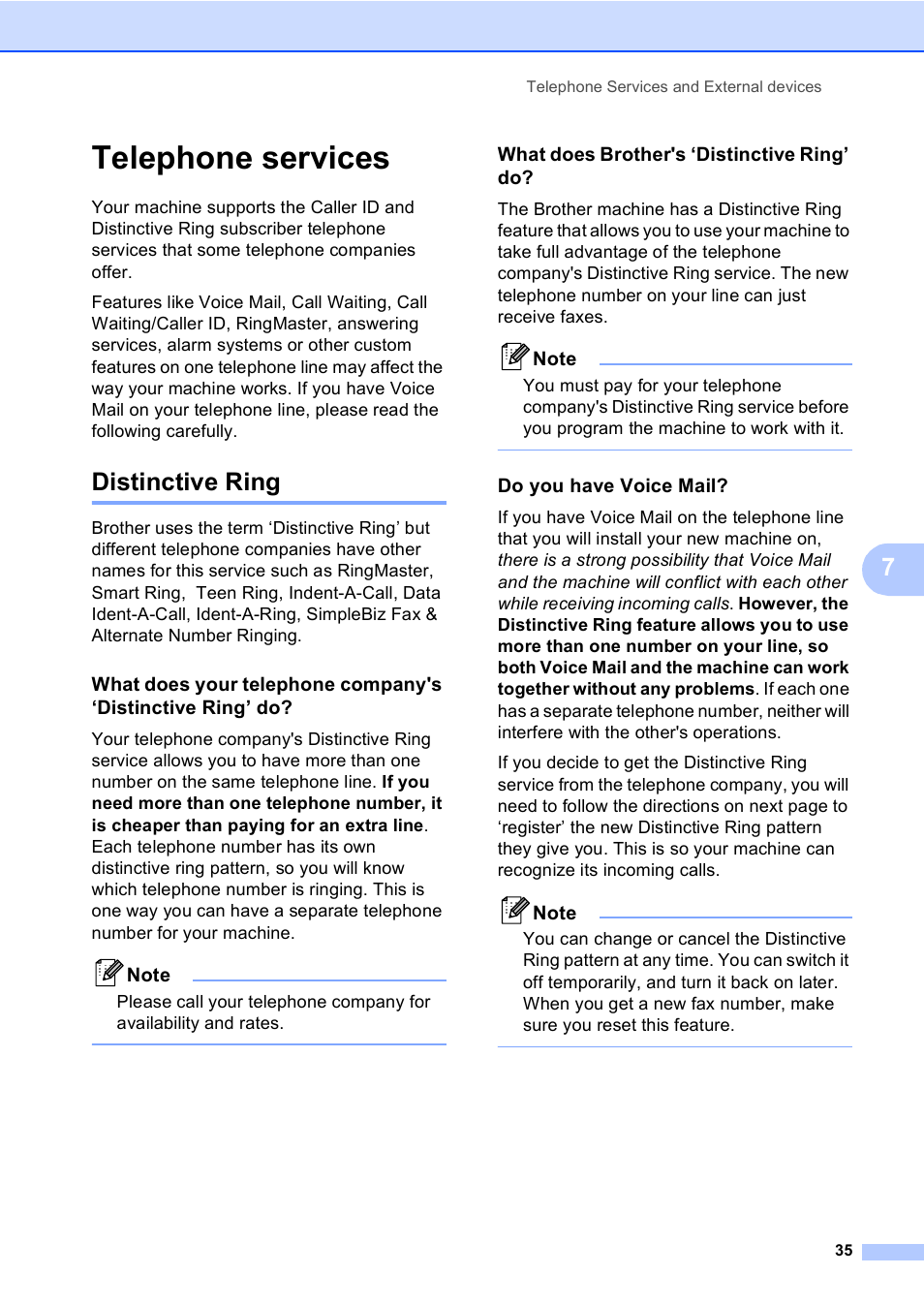 Telephone services, Distinctive ring, What does brother's ‘distinctive ring’ do | Do you have voice mail | Brother MFC-230C User Manual | Page 51 / 148