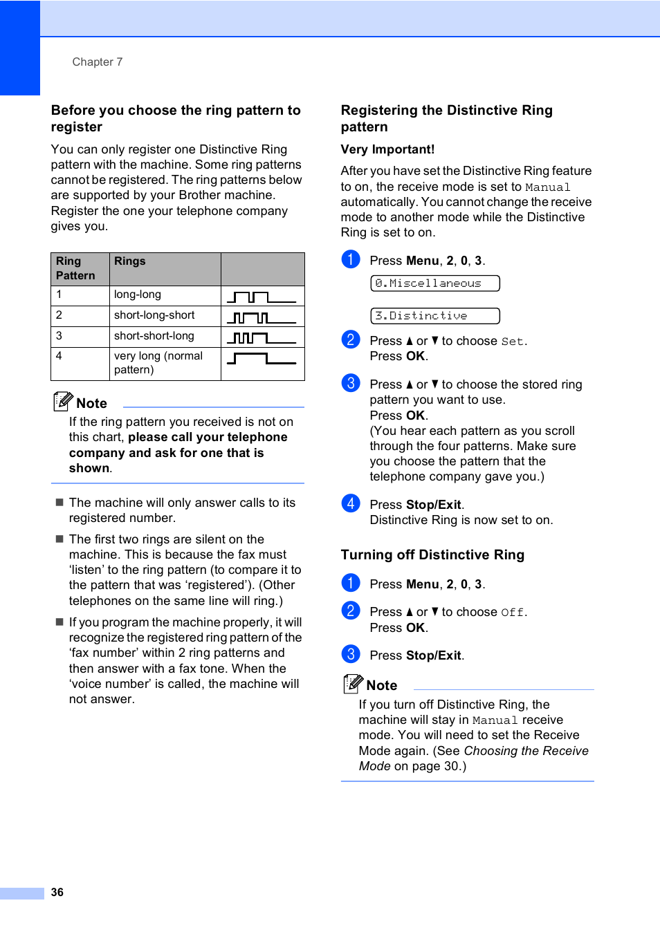 Before you choose the ring pattern to register, Registering the distinctive ring pattern, Turning off distinctive ring | Brother MFC-230C User Manual | Page 52 / 148