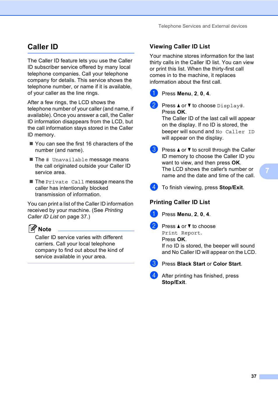 Caller id, Viewing caller id list, Printing caller id list | 7caller id | Brother MFC-230C User Manual | Page 53 / 148