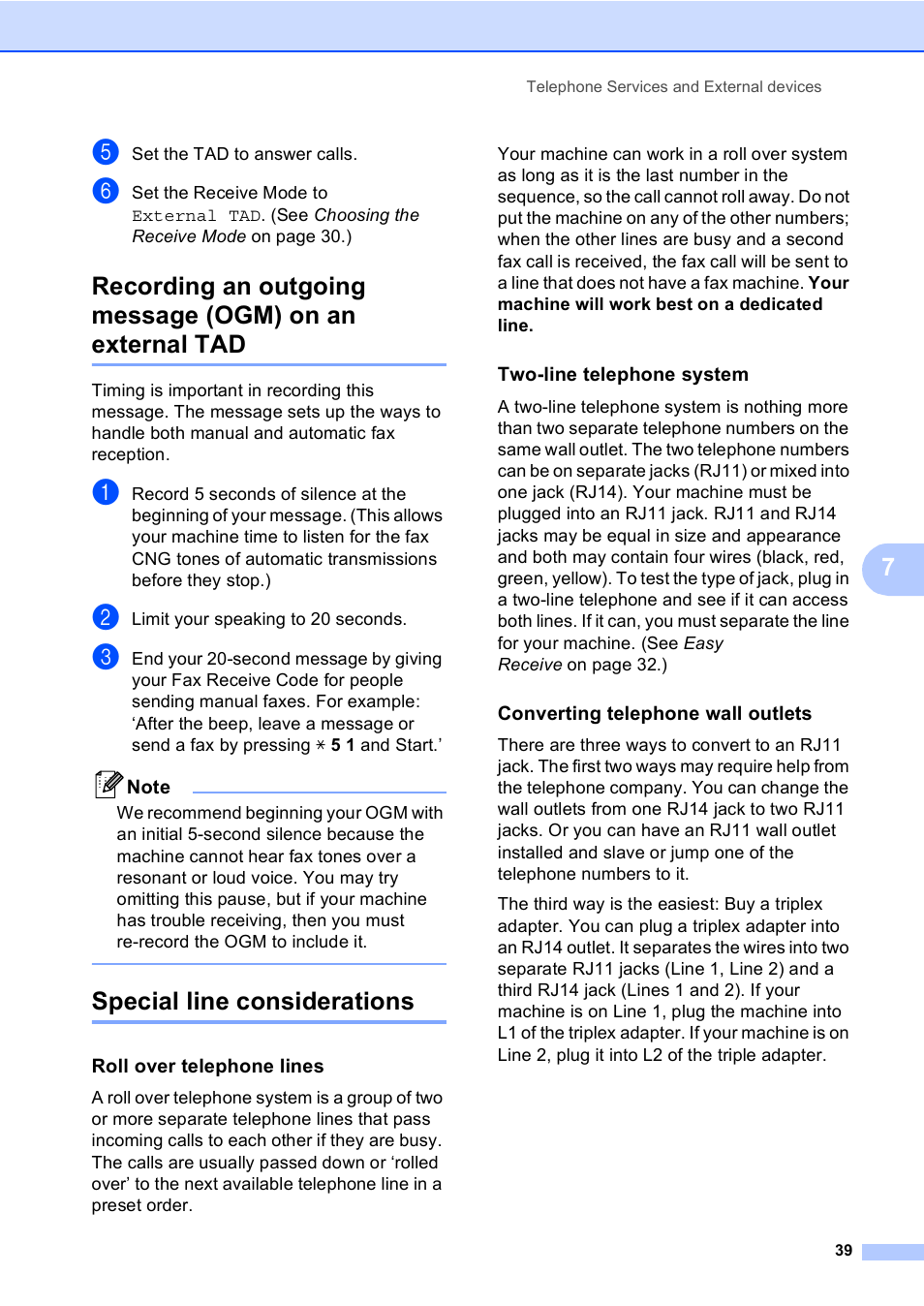 Special line considerations, Roll over telephone lines, Two-line telephone system | Converting telephone wall outlets | Brother MFC-230C User Manual | Page 55 / 148