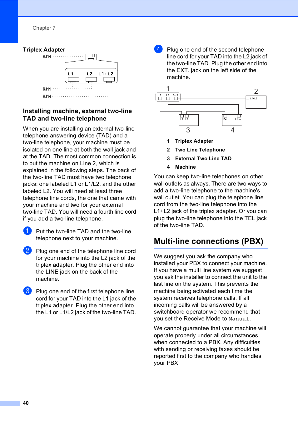 Multi-line connections (pbx) | Brother MFC-230C User Manual | Page 56 / 148