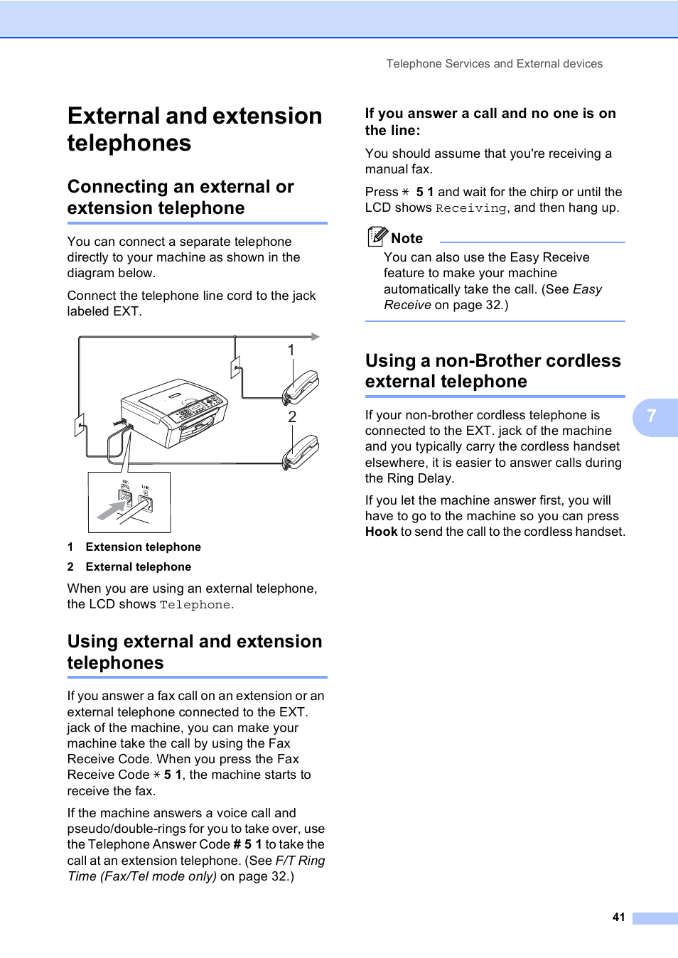 External and extension telephones, Connecting an external or extension telephone, Using external and extension telephones | If you answer a call and no one is on the line, Using a non-brother cordless external telephone | Brother MFC-230C User Manual | Page 57 / 148