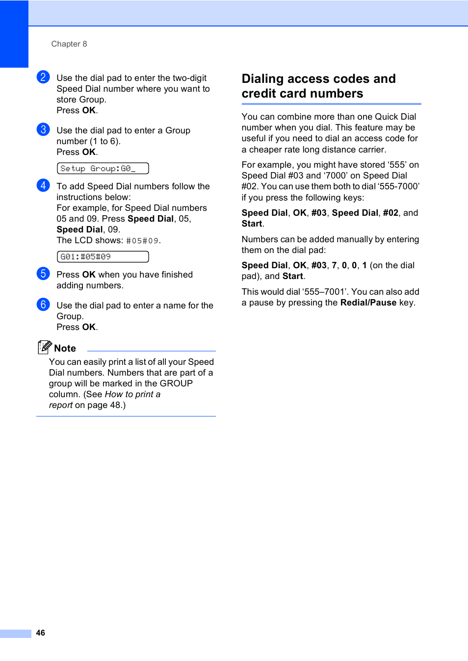 Dialing access codes and credit card numbers | Brother MFC-230C User Manual | Page 62 / 148