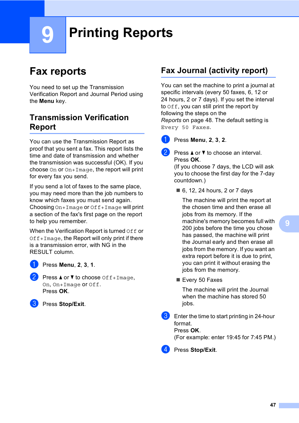 9 printing reports, Fax reports, Transmission verification report | Fax journal (activity report), Printing reports | Brother MFC-230C User Manual | Page 63 / 148