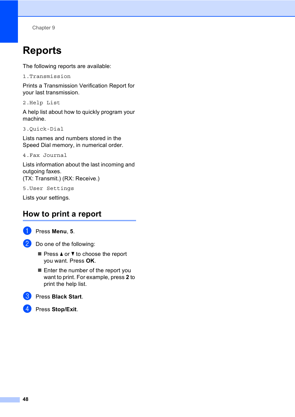 Reports, How to print a report | Brother MFC-230C User Manual | Page 64 / 148