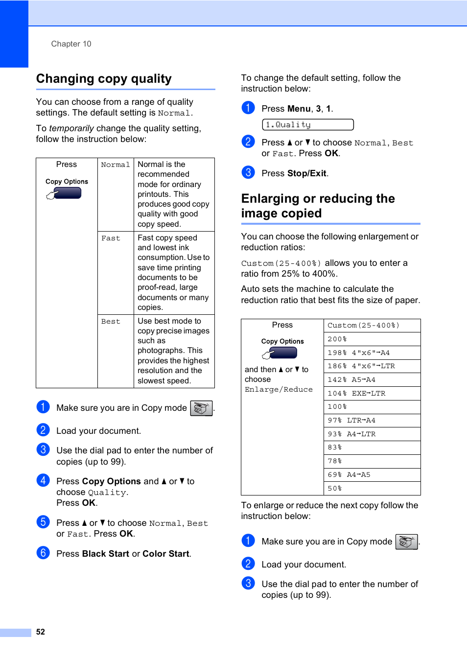 Changing copy quality, Enlarging or reducing the image copied | Brother MFC-230C User Manual | Page 68 / 148