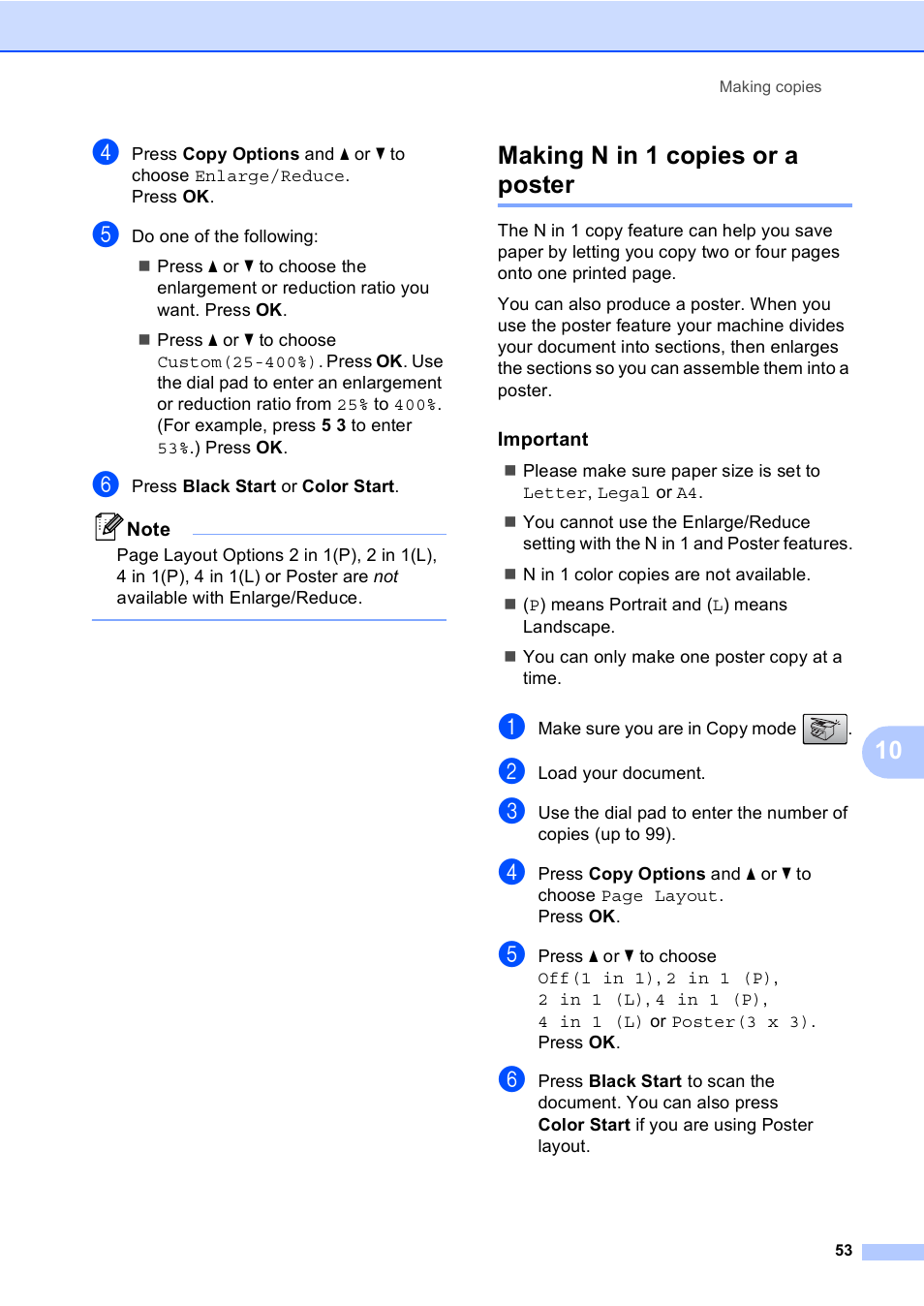 Making n in 1 copies or a poster, Important | Brother MFC-230C User Manual | Page 69 / 148