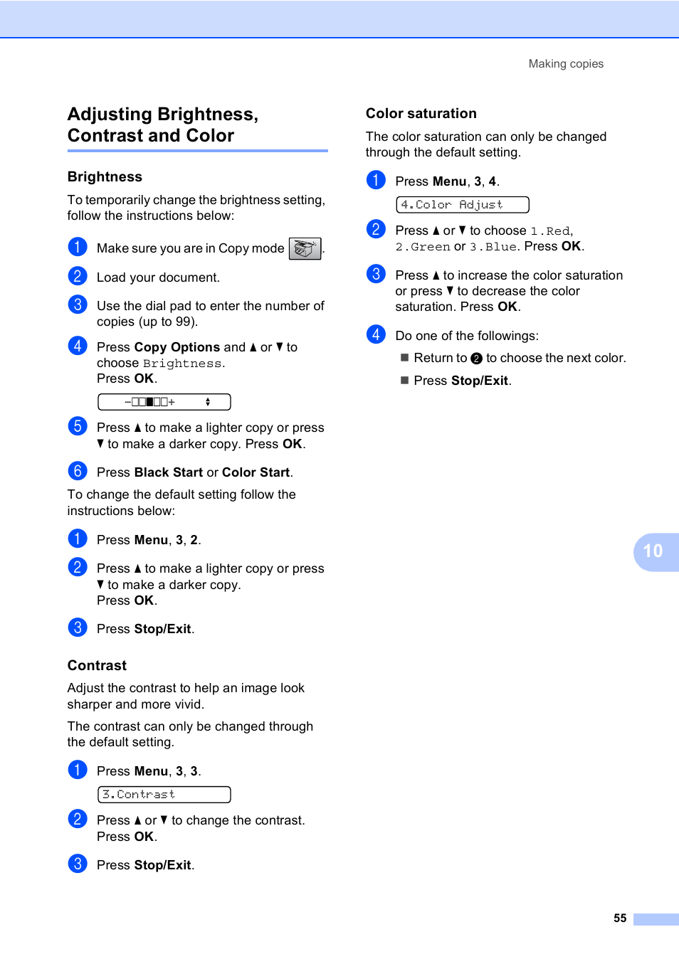 Adjusting brightness, contrast and color, Brightness, Contrast | Color saturation, 10 adjusting brightness, contrast and color | Brother MFC-230C User Manual | Page 71 / 148