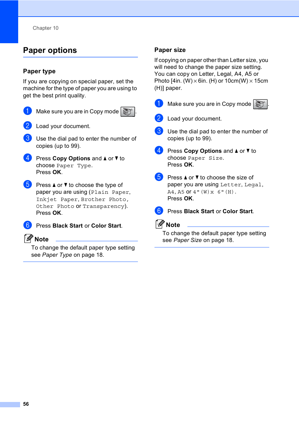 Paper options, Paper type, Paper size | Brother MFC-230C User Manual | Page 72 / 148