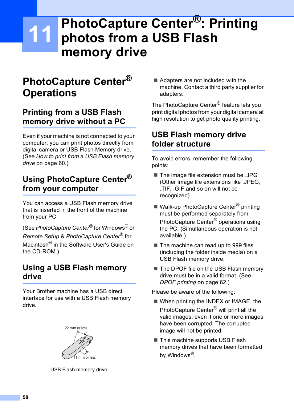 Photocapture center® operations, Using photocapture center® from your computer, Using a usb flash memory drive | Usb flash memory drive folder structure, Photocapture center, Printing photos from a usb flash, Memory drive, Operations, From your computer, Using photocapture center | Brother MFC-230C User Manual | Page 74 / 148