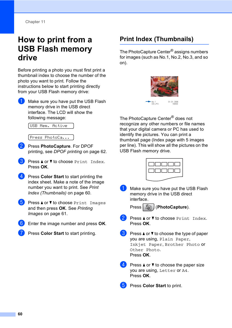 How to print from a usb flash memory drive, Print index (thumbnails) | Brother MFC-230C User Manual | Page 76 / 148