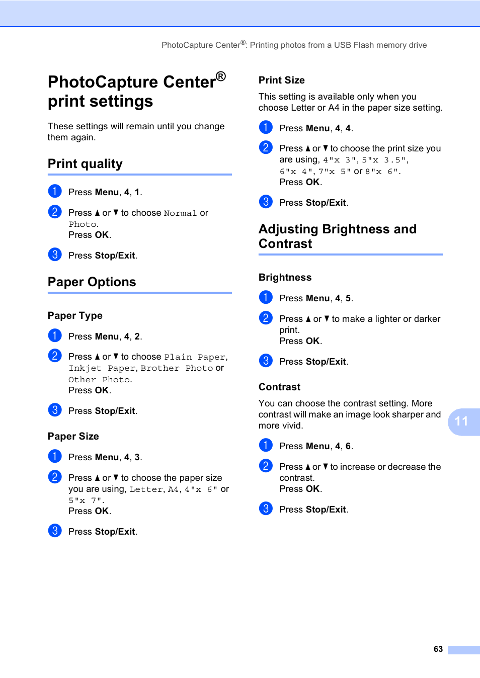 Photocapture center® print settings, Print quality, Paper options | Paper type, Paper size, Print size, Adjusting brightness and contrast, Brightness, Contrast, Photocapture center | Brother MFC-230C User Manual | Page 79 / 148