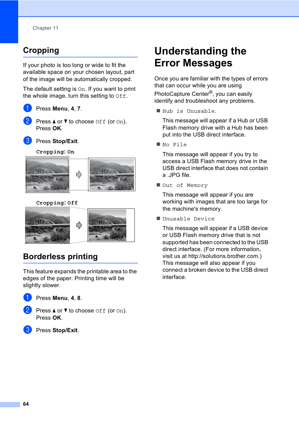 Cropping, Borderless printing, Understanding the error messages | Cropping borderless printing | Brother MFC-230C User Manual | Page 80 / 148