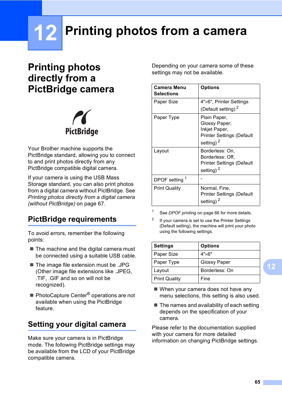 12 printing photos from a camera, Printing photos directly from a pictbridge camera, Pictbridge requirements | Setting your digital camera, Printing photos from a camera | Brother MFC-230C User Manual | Page 81 / 148