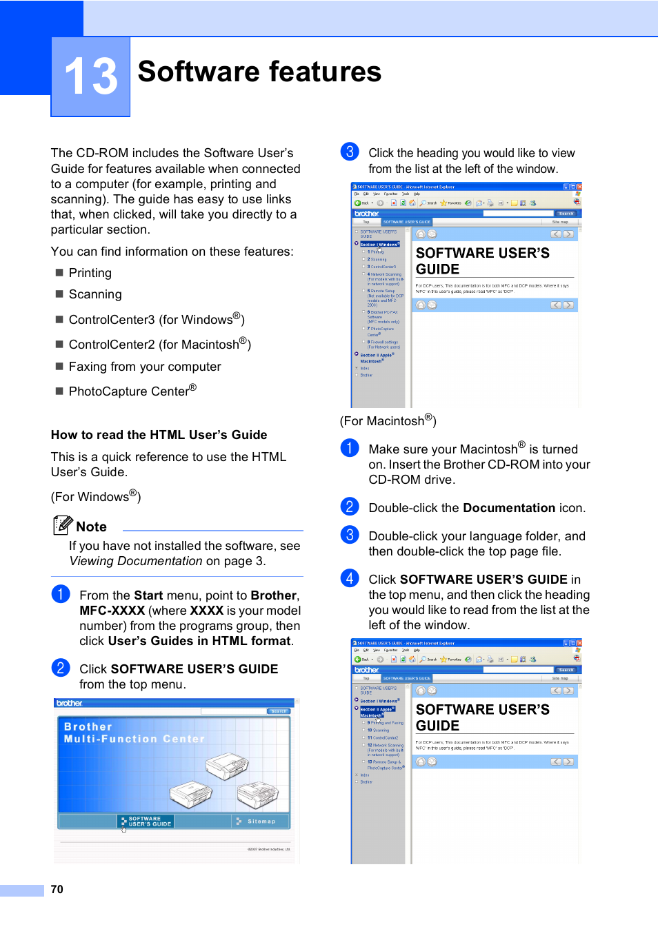 13 software features, Software features | Brother MFC-230C User Manual | Page 86 / 148