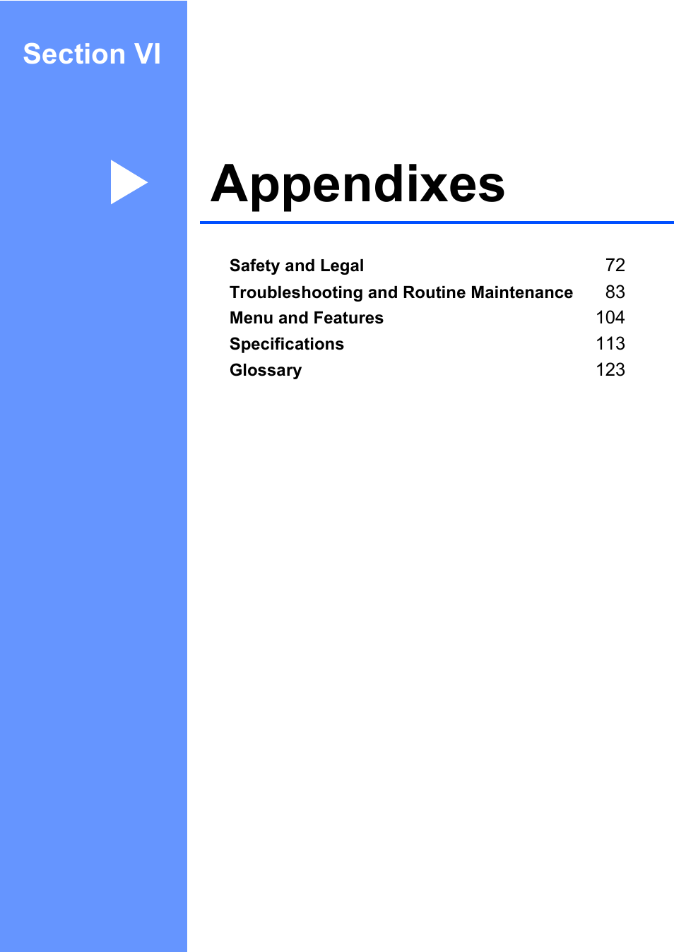 Section vi: appendixes, Section vi appendixes, Appendixes | Brother MFC-230C User Manual | Page 87 / 148