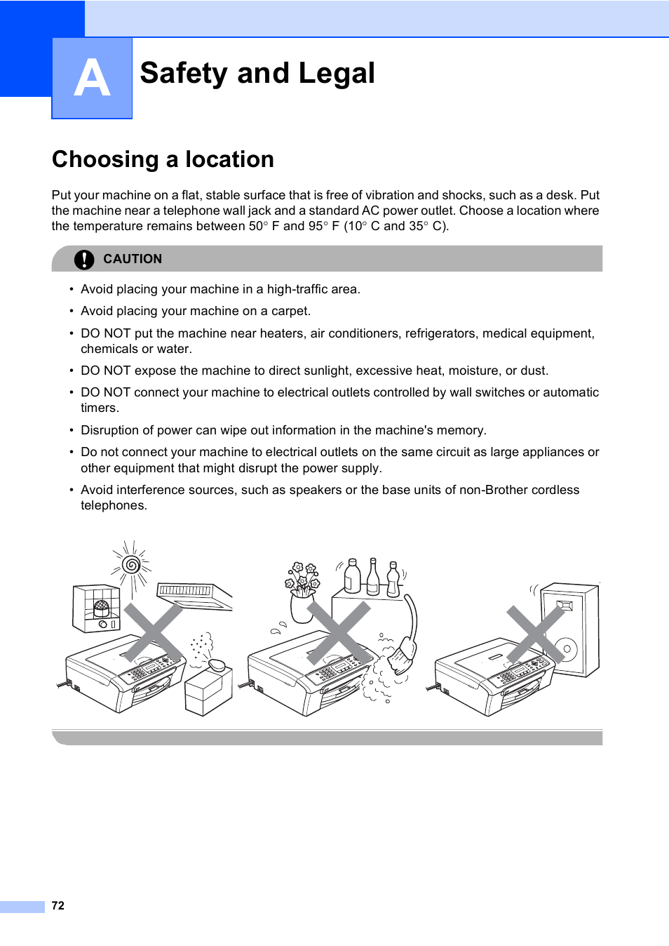 A safety and legal, Choosing a location, Safety and legal | Brother MFC-230C User Manual | Page 88 / 148