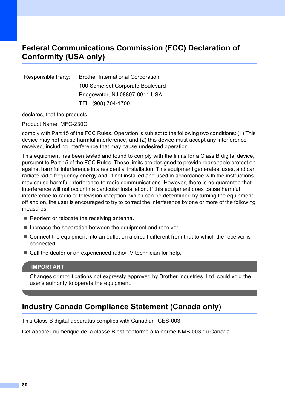 Industry canada compliance statement (canada only), Usa only) | Brother MFC-230C User Manual | Page 96 / 148