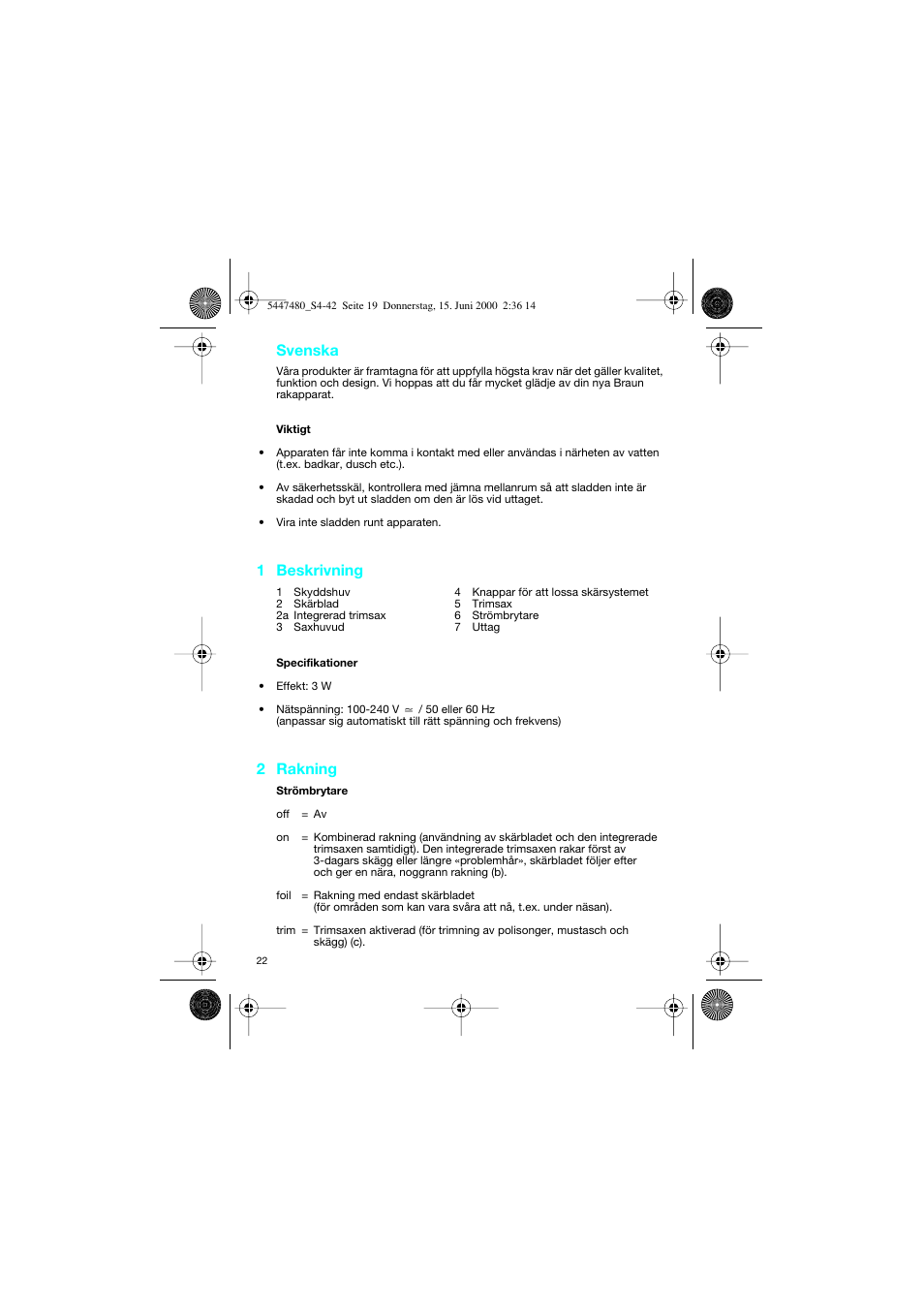 Svenska, 1 beskrivning, 2 rakning | Braun 3105-5447 InterFace User Manual | Page 22 / 42