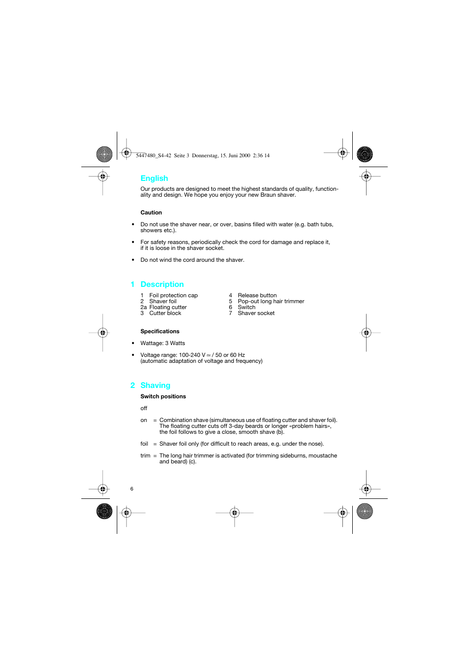 English, 1 description, 2 shaving | Braun 3105-5447 InterFace User Manual | Page 6 / 42