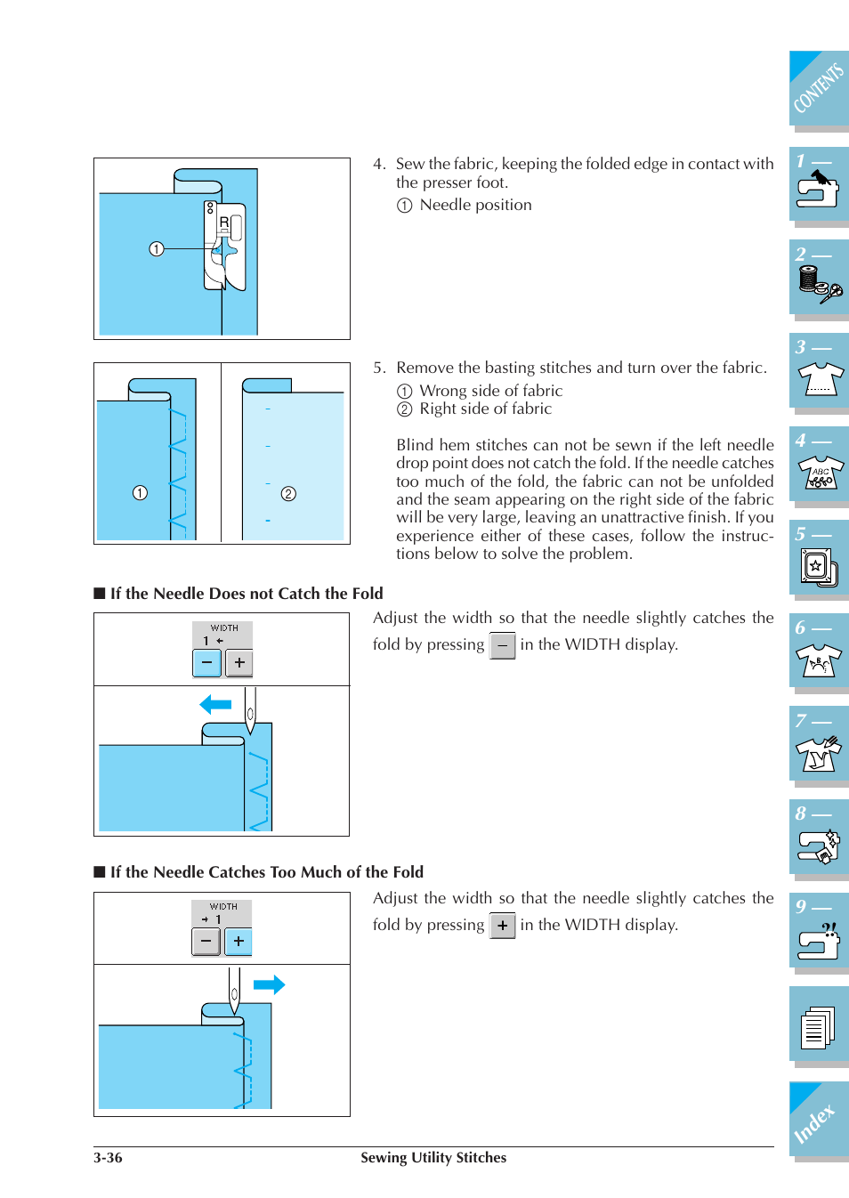 If the needle does not catch the, Fold -36, If the needle catches too much | Of the fold -36 | Brother ULT2001 2001N 2001C 2002D 2003D User Manual | Page 109 / 321