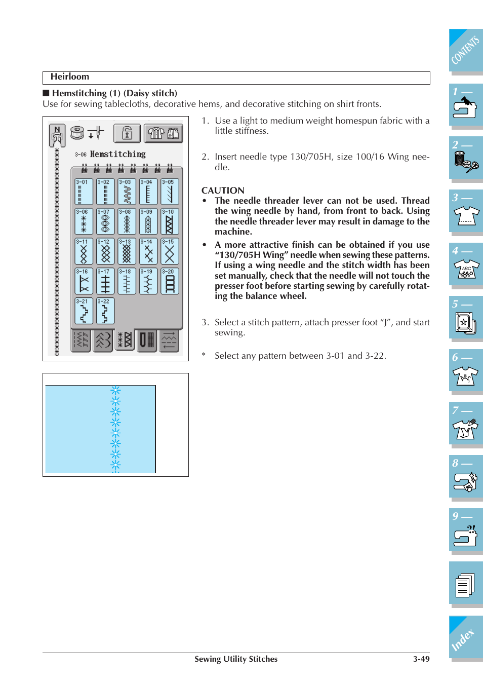 Heirloom -49, Hemstitching (1) (daisy stitch) -49 | Brother ULT2001 2001N 2001C 2002D 2003D User Manual | Page 122 / 321